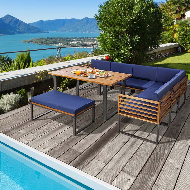 8 Piece Acacia Wood Patio Dining Set with Soft Padded Cushions, Heavy Duty L Shaped Sectional Sofa Set for Backyard Poolside Deck