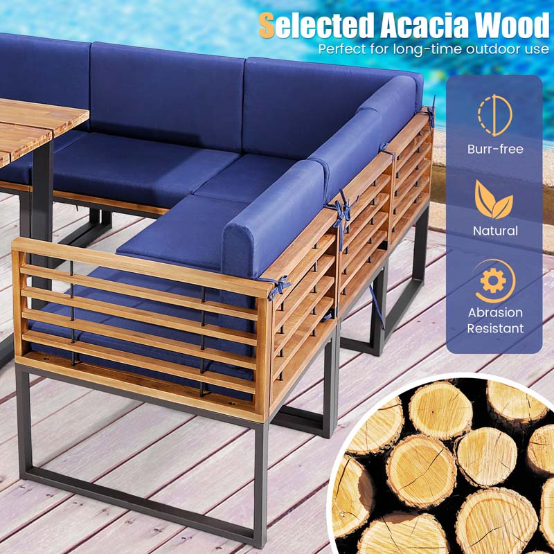 8 Piece Acacia Wood Patio Dining Set with Soft Padded Cushions, Heavy Duty L Shaped Sectional Sofa Set for Backyard Poolside Deck