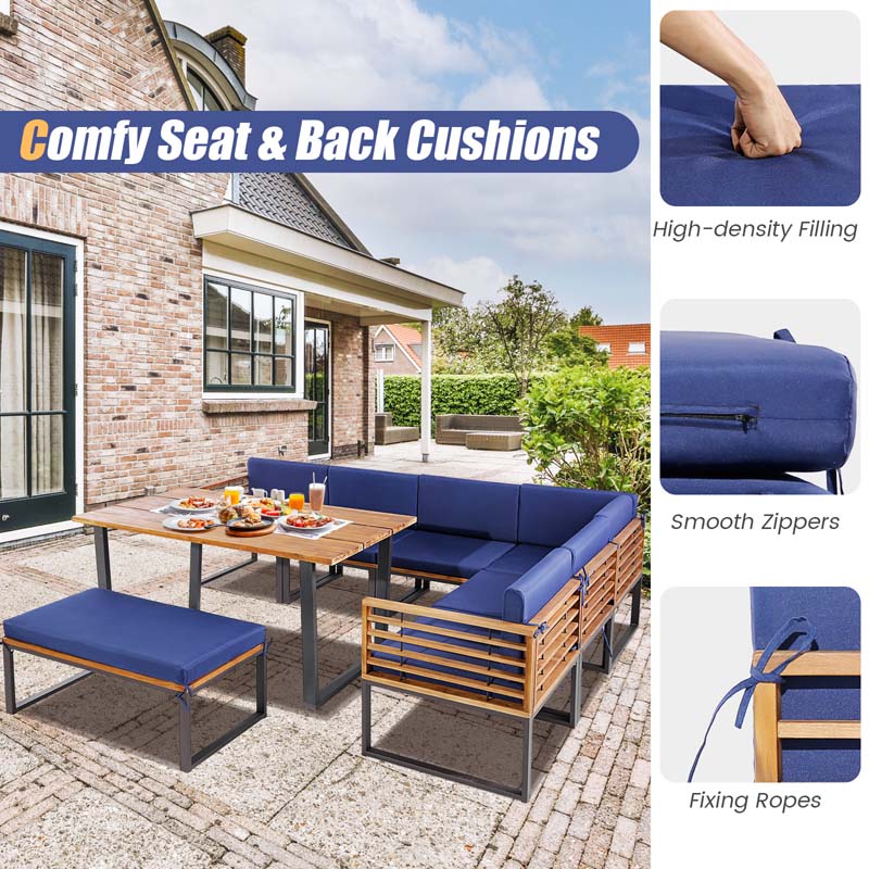 8 Piece Acacia Wood Patio Dining Set with Soft Padded Cushions, Heavy Duty L Shaped Sectional Sofa Set for Backyard Poolside Deck