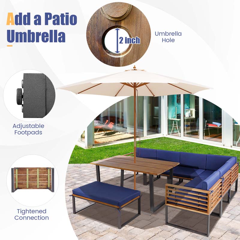 8 Piece Acacia Wood Patio Dining Set with Soft Padded Cushions, Heavy Duty L Shaped Sectional Sofa Set for Backyard Poolside Deck