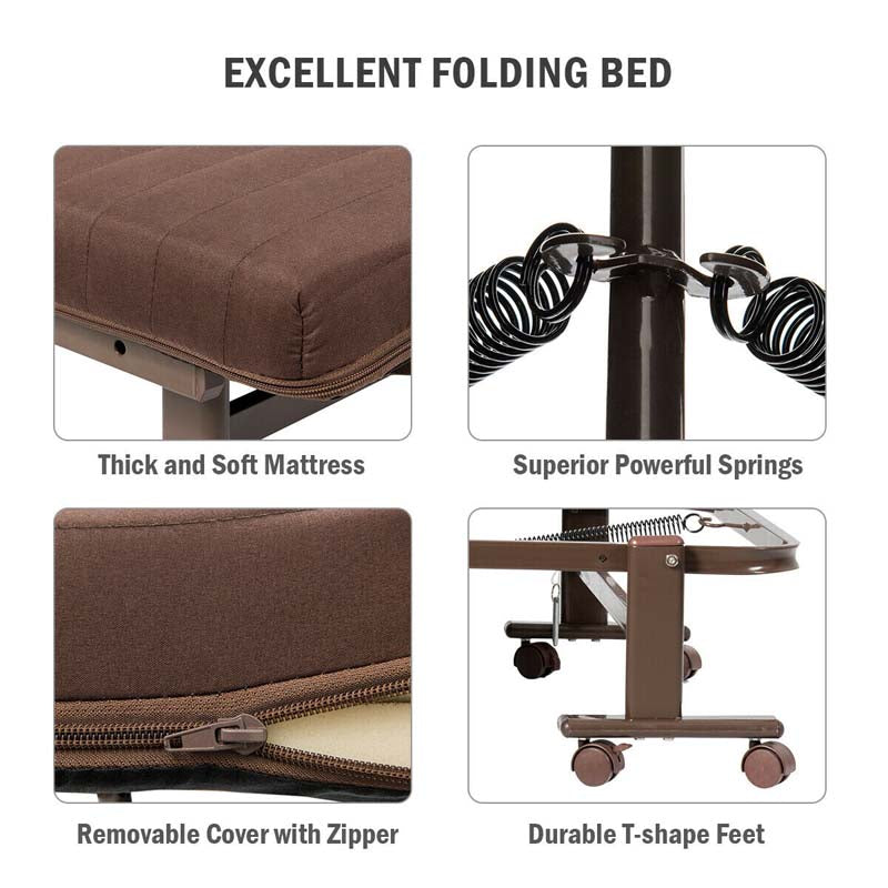 Folding Rollaway Bed with Mattress & Wheels for Adults, Portable Foldable Guest Bed with Adjustable 6 Position & Side Storage Pocket