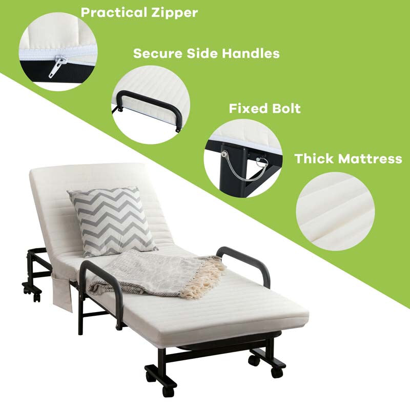 Folding Rollaway Bed with Mattress & Wheels for Adults, Portable Foldable Guest Bed with Adjustable 6 Position & Side Storage Pocket