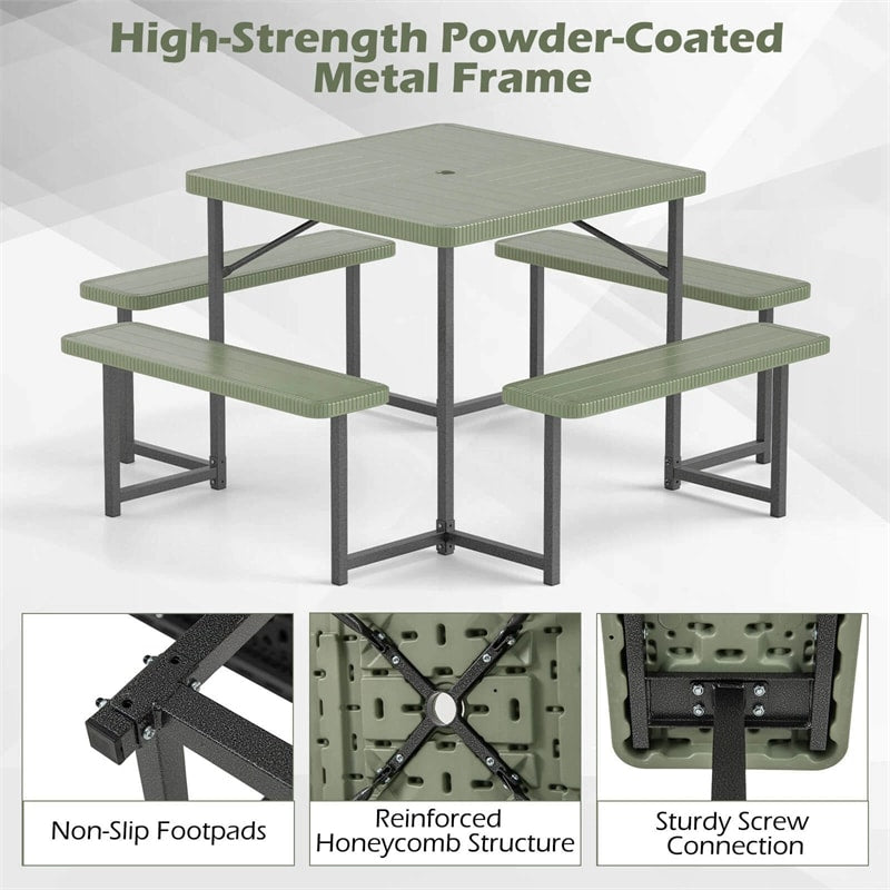 4-8 Person Outdoor Picnic Table Bench Set, All-Weather HDPE Square Dining Table with Umbrella Hole, 4 Benches & Metal Frame for Patio Backyard