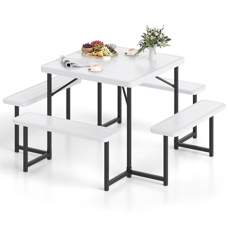 4-8 Person Outdoor Picnic Table Bench Set, All-Weather HDPE Square Dining Table with Umbrella Hole, 4 Benches & Metal Frame for Patio Backyard