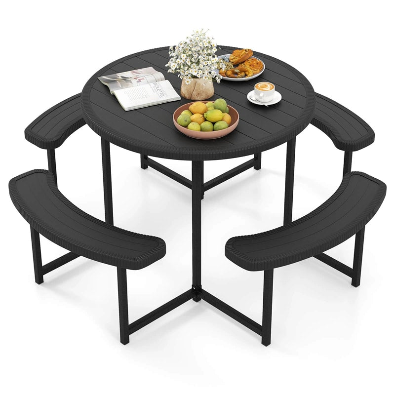 8 person patio table with umbrella hole Round Picnic Table Bench Set with 4 Benches and Umbrella Hole for Patio Lawn-Black