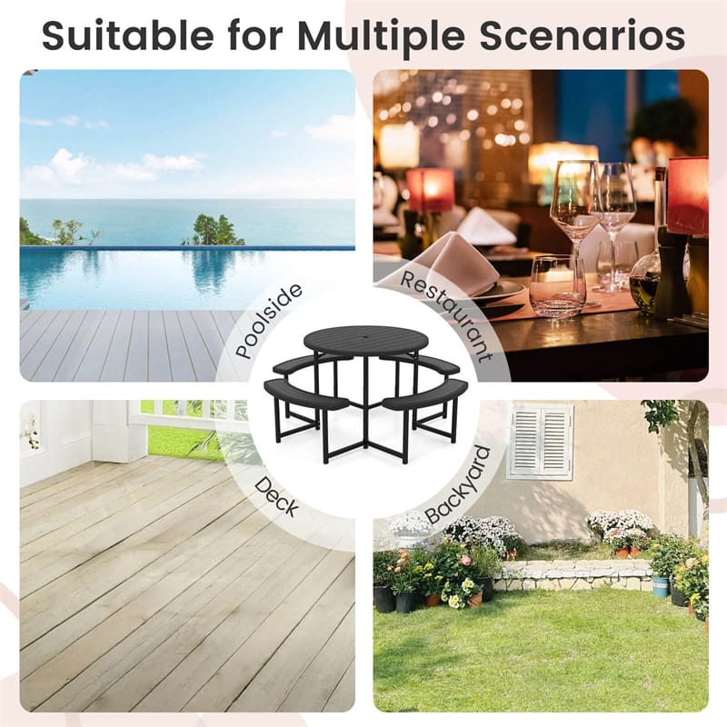 8 Person Round Outdoor Picnic Table Bench Set with Umbrella Hole, All-Weather HDPE Tabletop & Metal Frame for Patio Garden Yard