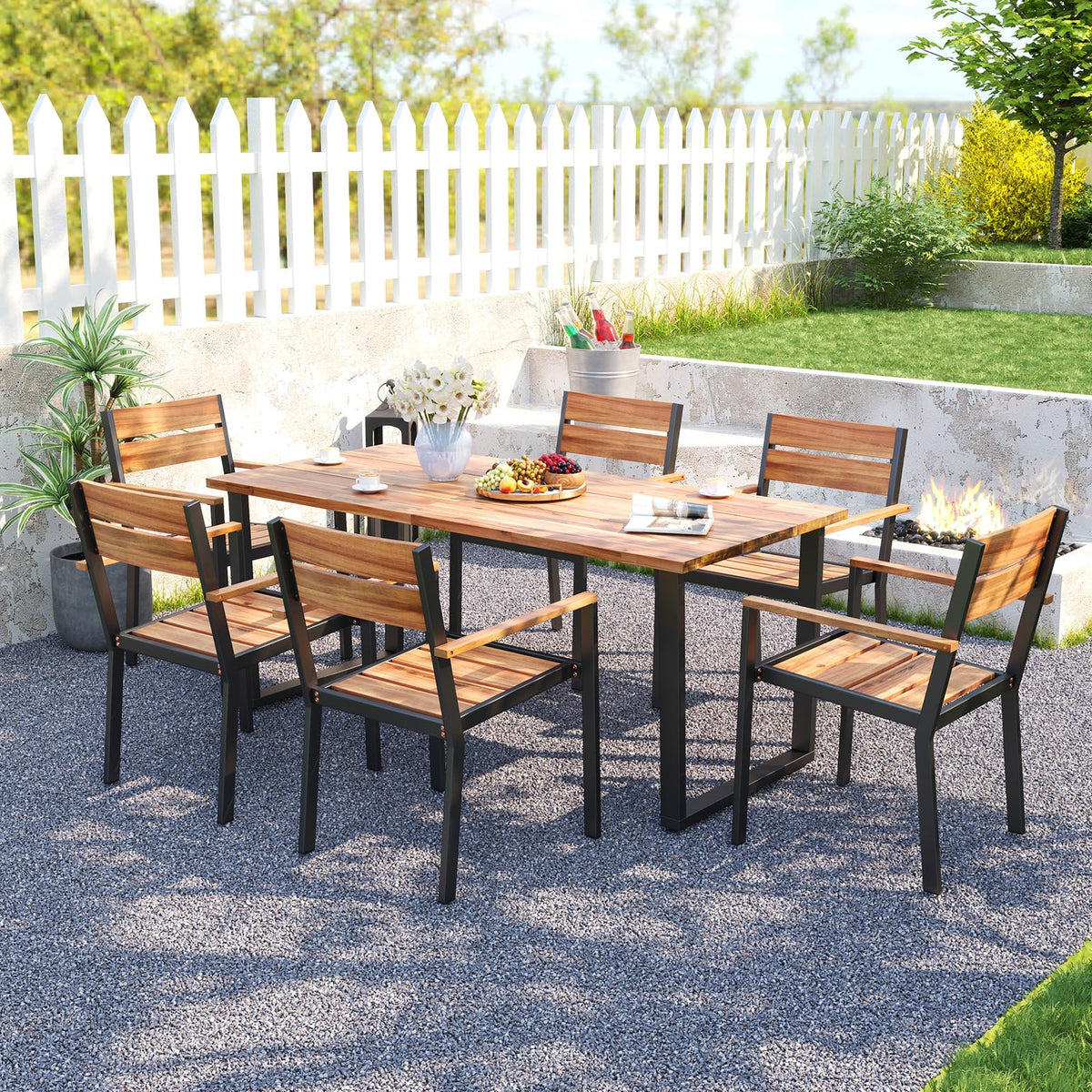7 Pcs Metal Frame Outdoor Patio Dining Set - 69" Rectangular Acacia Wood Table with 6 Stackable Chairs, 2" Umbrella Hole