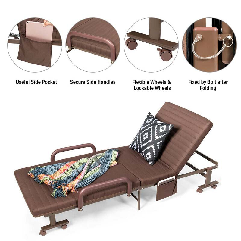 Folding Rollaway Bed with Mattress & Wheels for Adults, Portable Foldable Guest Bed with Adjustable 6 Position & Side Storage Pocket