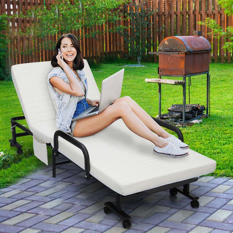 Folding Rollaway Bed with Mattress & Wheels for Adults, Portable Foldable Guest Bed with Adjustable 6 Position & Side Storage Pocket