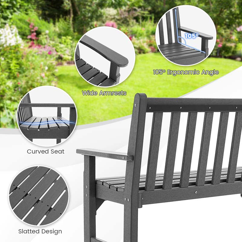 50" HDPE All-Weather Outdoor Patio Bench 2-Person Garden Park Bench Porch Loveseat Chair with Backrest & Armrests