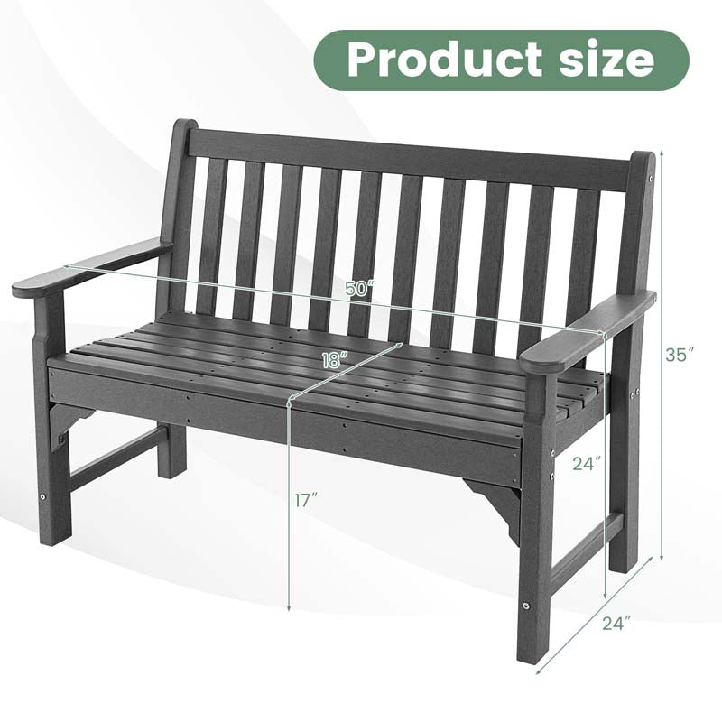 50" HDPE All-Weather Outdoor Patio Bench 2-Person Garden Park Bench Porch Loveseat Chair with Backrest & Armrests