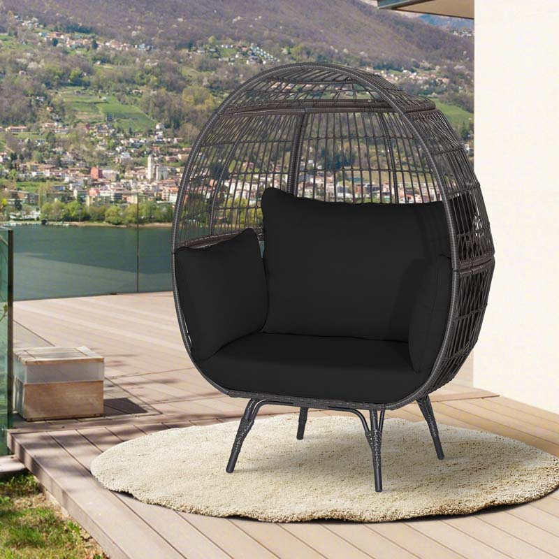 Oversized Wicker Egg Chair with 4 Cushions, Steel Frame Basket Chair Rattan Indoor Outdoor Lounger for Patio, Living Room
