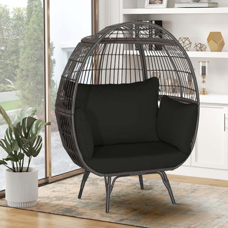Oversized Wicker Egg Chair with 4 Cushions, Steel Frame Basket Chair Rattan Indoor Outdoor Lounger for Patio, Living Room