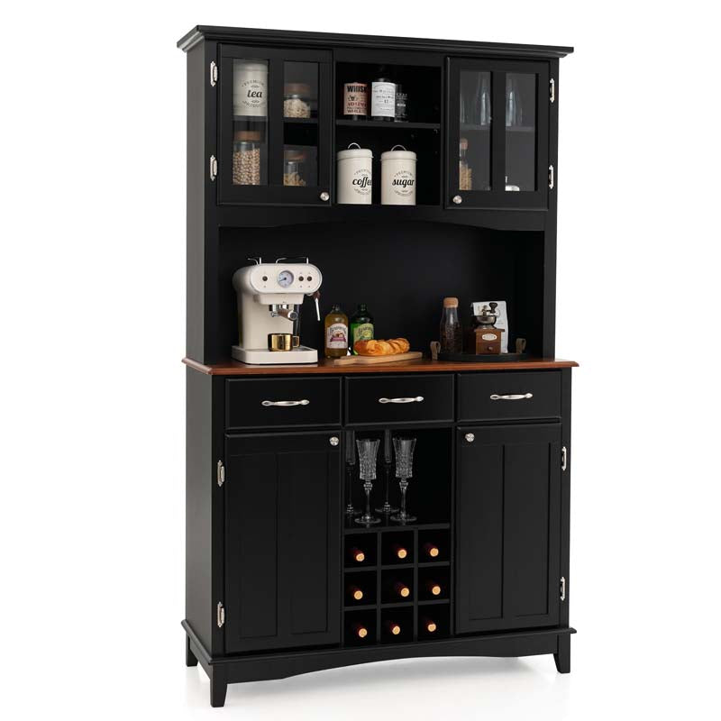 Wood Buffet Hutch Cabinet, Kitchen Hutch Sideboard Kitchenware Server with 3 Large Drawers & 9 Wine Grids