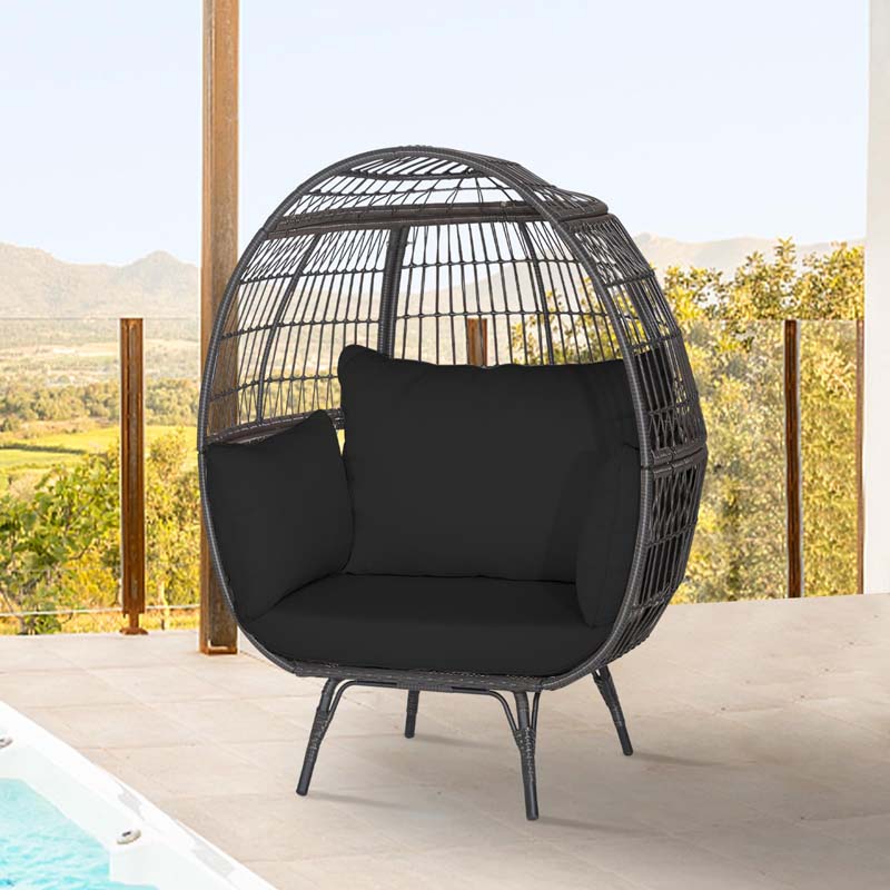 Oversized Wicker Egg Chair with 4 Cushions, Steel Frame Basket Chair Rattan Indoor Outdoor Lounger for Patio, Living Room