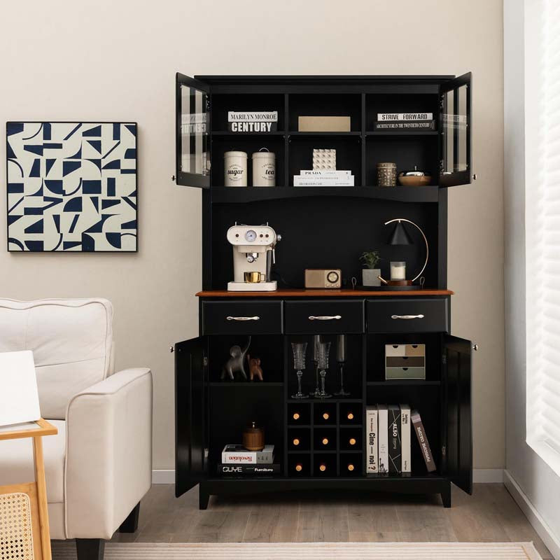 Wood Buffet Hutch Cabinet, Kitchen Hutch Sideboard Kitchenware Server with 3 Large Drawers & 9 Wine Grids