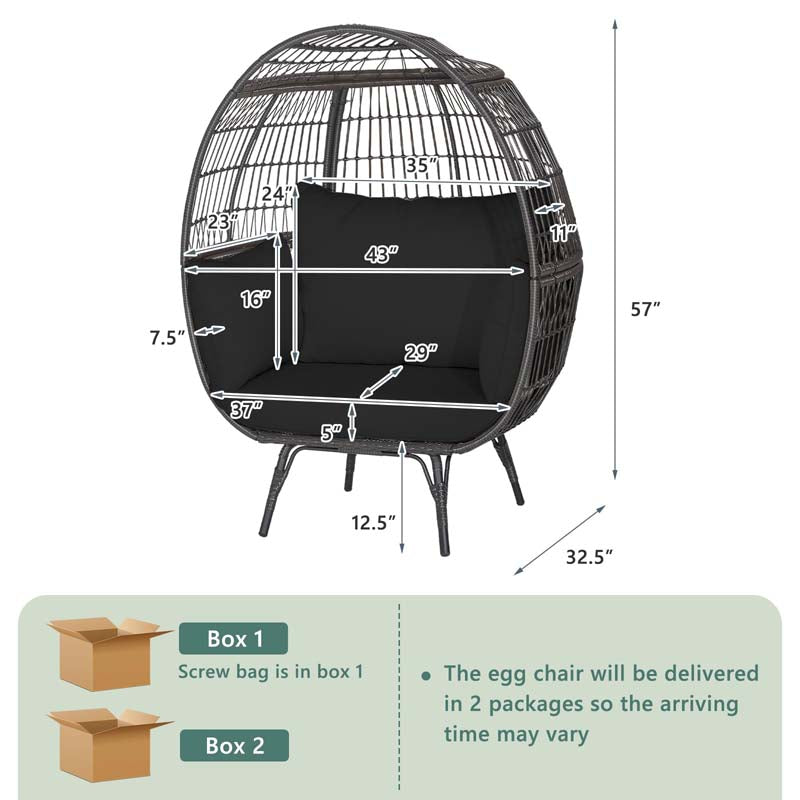Oversized Wicker Egg Chair with 4 Cushions, Steel Frame Basket Chair Rattan Indoor Outdoor Lounger for Patio, Living Room