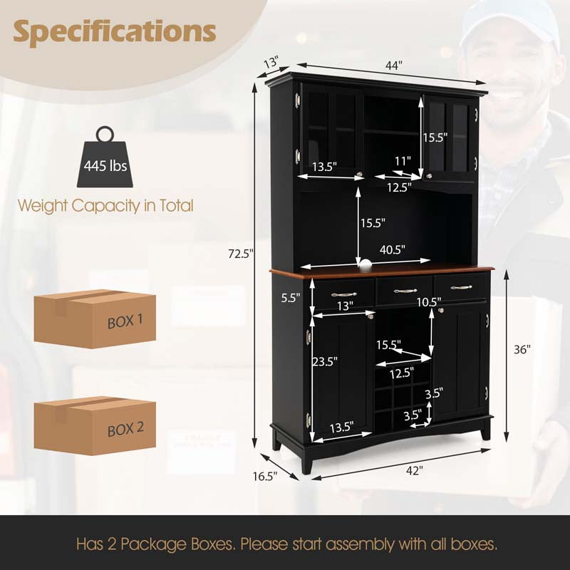 Wood Buffet Hutch Cabinet, Kitchen Hutch Sideboard Kitchenware Server with 3 Large Drawers & 9 Wine Grids