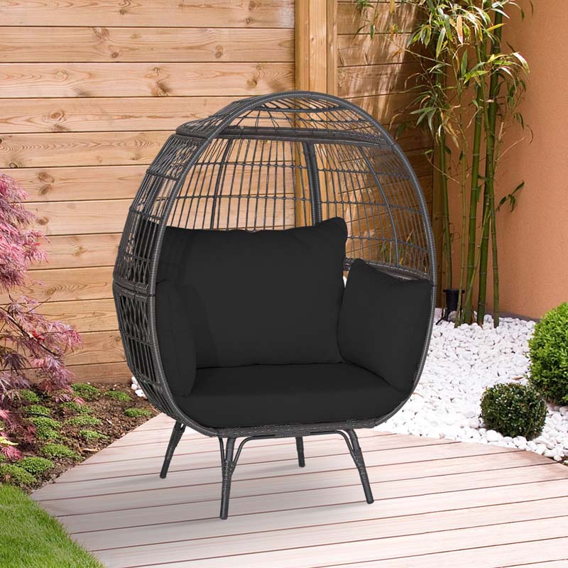 Oversized Wicker Egg Chair with 4 Cushions, Steel Frame Basket Chair Rattan Indoor Outdoor Lounger for Patio, Living Room