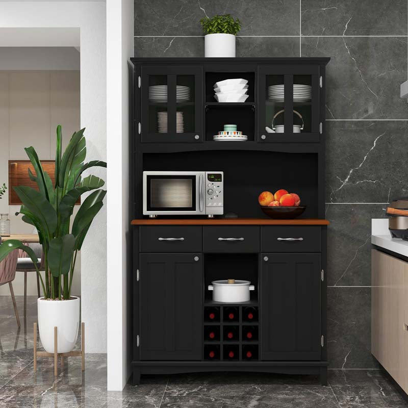 Wood Buffet Hutch Cabinet, Kitchen Hutch Sideboard Kitchenware Server with 3 Large Drawers & 9 Wine Grids