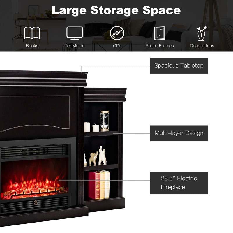 70" Mantel Fireplace TV Stand with 28.5" 750W/1500W Electric Fireplace Insert, Modern Media Fireplace Cabinet Built-in 6 Storage Shelves
