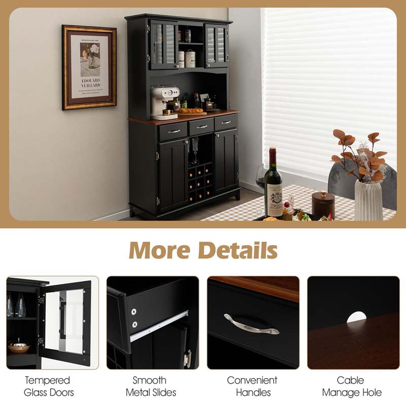 Wood Buffet Hutch Cabinet, Kitchen Hutch Sideboard Kitchenware Server with 3 Large Drawers & 9 Wine Grids