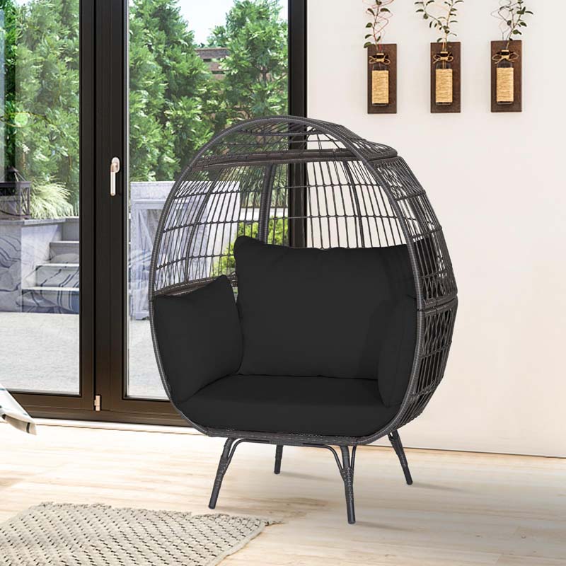 Oversized Wicker Egg Chair with 4 Cushions, Steel Frame Basket Chair Rattan Indoor Outdoor Lounger for Patio, Living Room