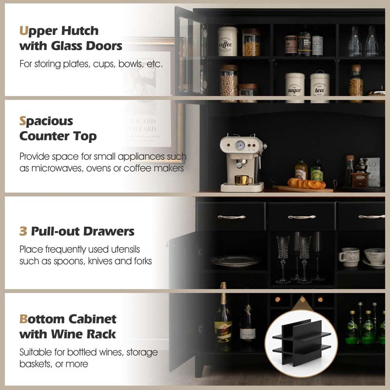 Wood Buffet Hutch Cabinet, Kitchen Hutch Sideboard Kitchenware Server with 3 Large Drawers & 9 Wine Grids