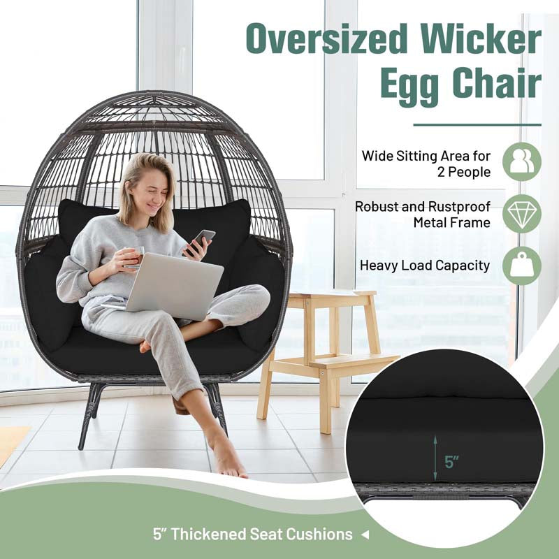 Oversized Wicker Egg Chair with 4 Cushions, Steel Frame Basket Chair Rattan Indoor Outdoor Lounger for Patio, Living Room