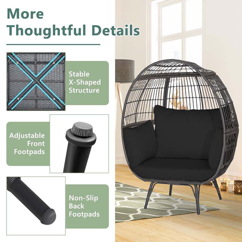 Oversized Wicker Egg Chair with 4 Cushions, Steel Frame Basket Chair Rattan Indoor Outdoor Lounger for Patio, Living Room