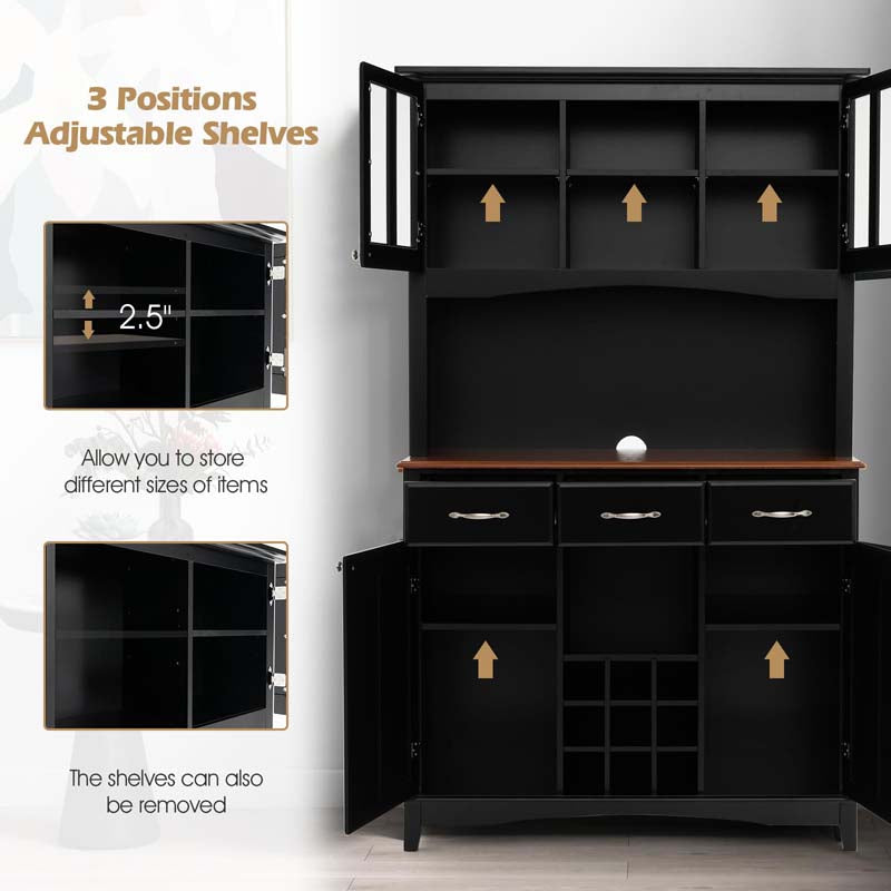 Wood Buffet Hutch Cabinet, Kitchen Hutch Sideboard Kitchenware Server with 3 Large Drawers & 9 Wine Grids