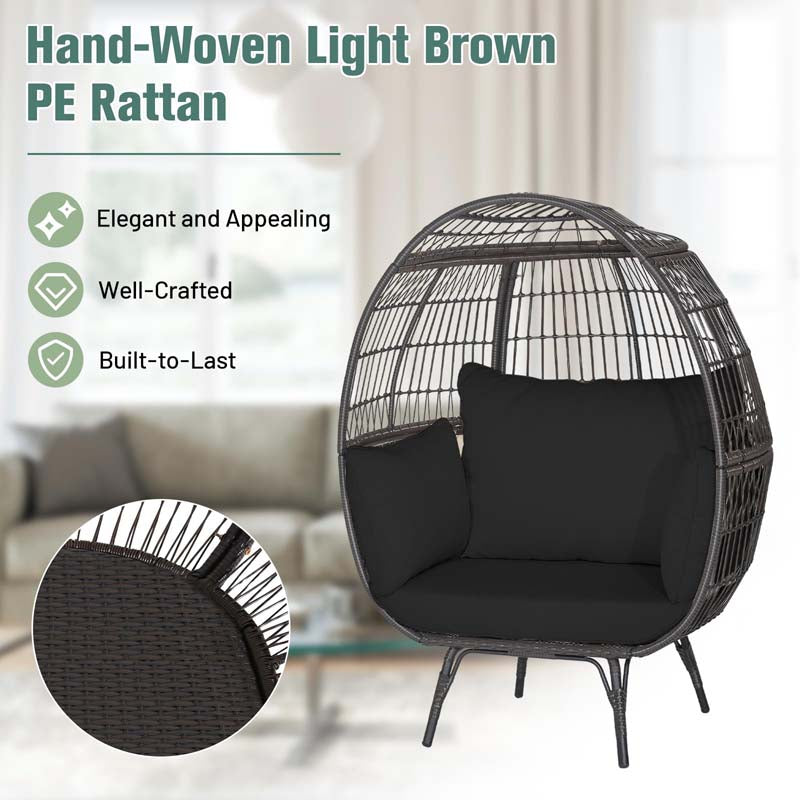 Oversized Wicker Egg Chair with 4 Cushions, Steel Frame Basket Chair Rattan Indoor Outdoor Lounger for Patio, Living Room