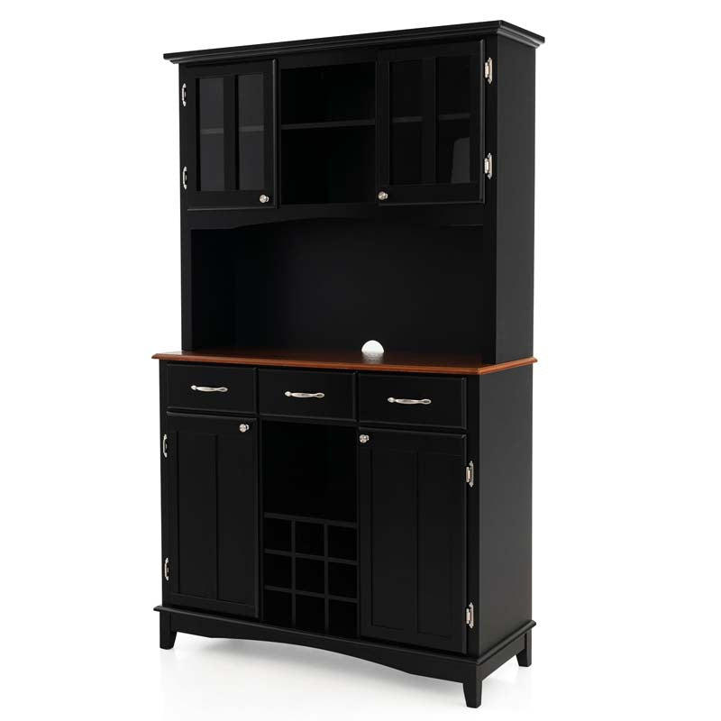 Wood Buffet Hutch Cabinet, Kitchen Hutch Sideboard Kitchenware Server with 3 Large Drawers & 9 Wine Grids