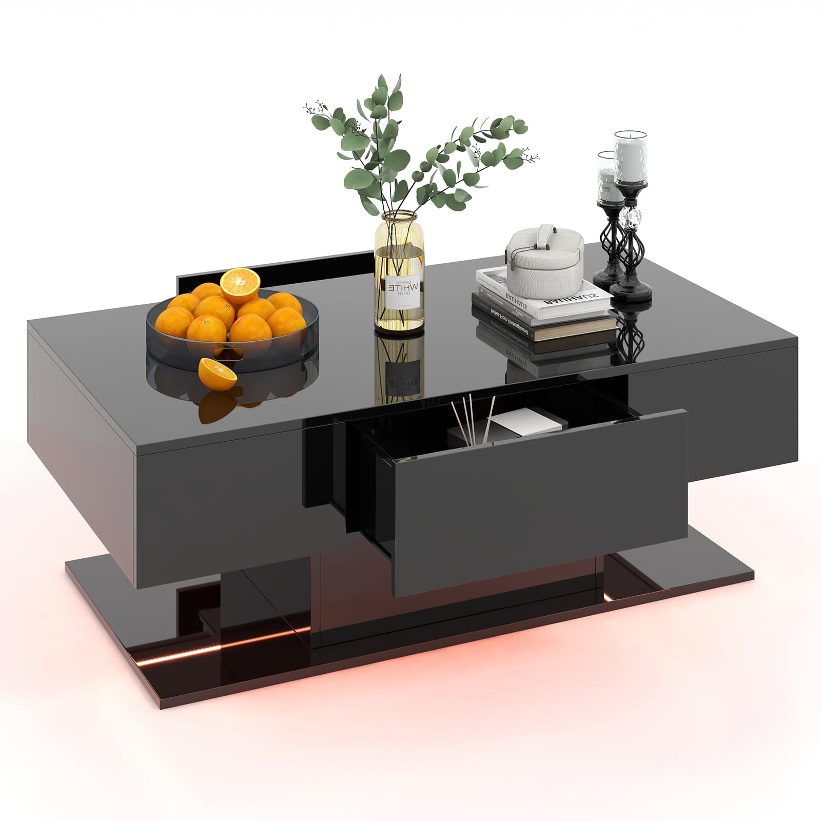 2-Tier 20-Color LED Coffee Table with 2 Drawers, Remote Control, Open Shelf, 43.5" L Rectangular High Glossy Modern Center Table