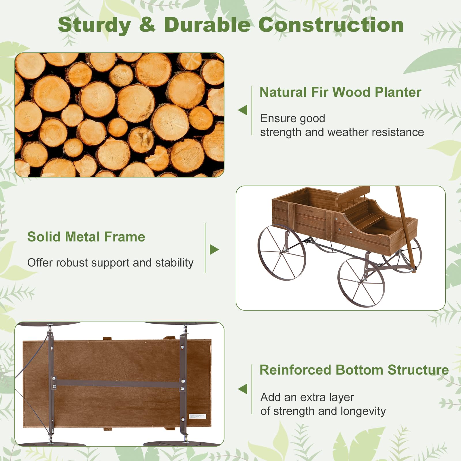 24.5" x 13.5" x 24" Wooden Wagon Planter, Decorative Garden Planter with 2 Planting Sections, Wheels, Handle, Small Decorated Cart