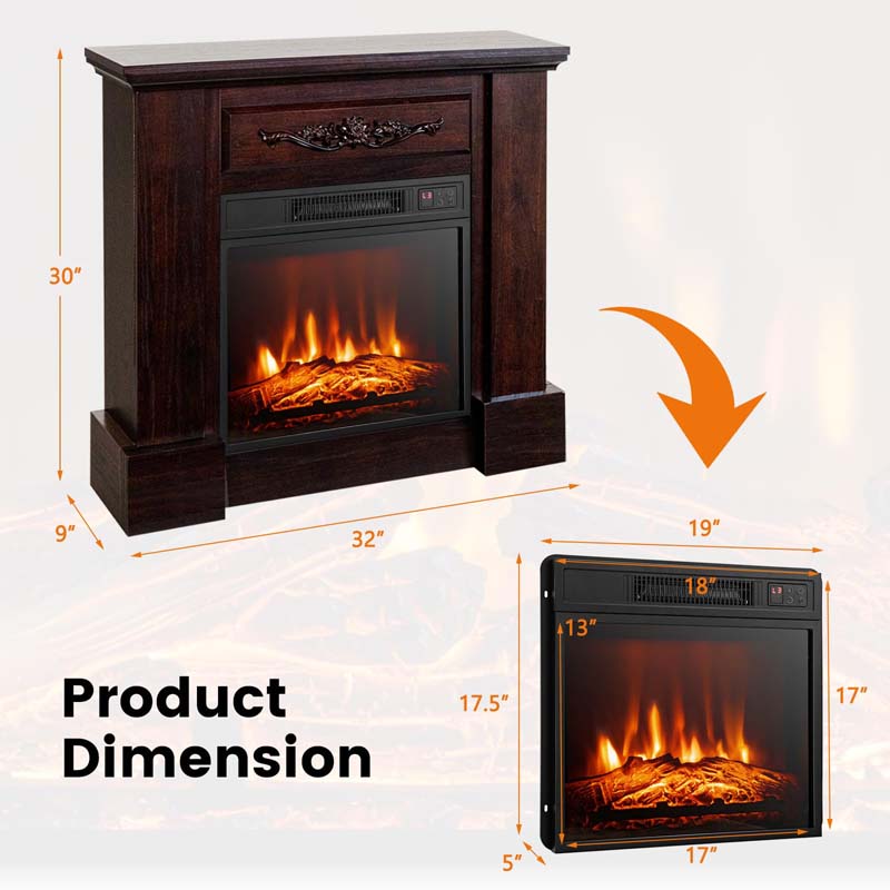 1400W Electric Fireplace Heater with Mantel, 32" Freestanding Fireplace Mantel w/ Remote Control, Thermostat & 6H Timer, Adjustable 3D Flame