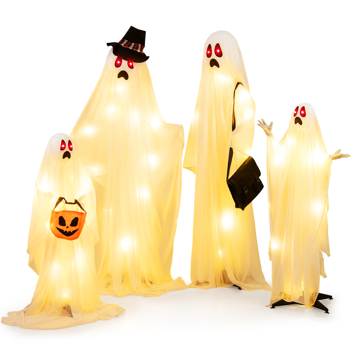 Halloween Light Up Family Ghosts, 4 PCS LED Glowing Halloween Ghosts, Lifesize Standing Family Ghosts for Yard, Garden, Lawn Festival Holiday Party