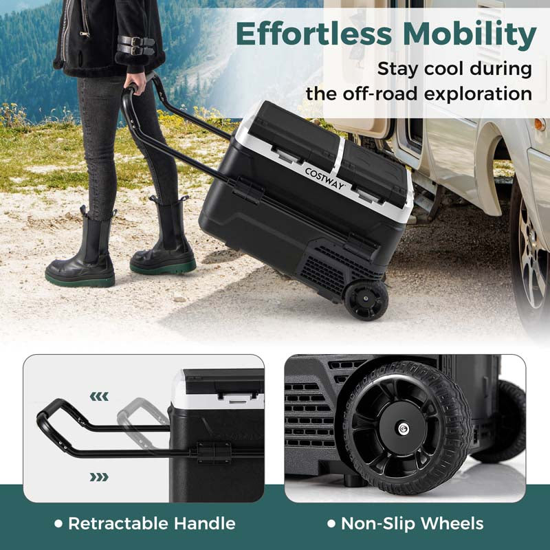 42QT Dual-Zone Car Refrigerator with Wheels, Portable Car Fridge Freezer (-4°F~68°F) for RV Camping, 12V/24V DC, 100-240V AC
