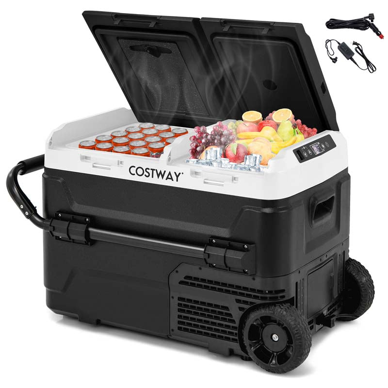 42QT Dual-Zone Car Refrigerator with Wheels, Portable Car Fridge Freezer (-4°F~68°F) for RV Camping, 12V/24V DC, 100-240V AC