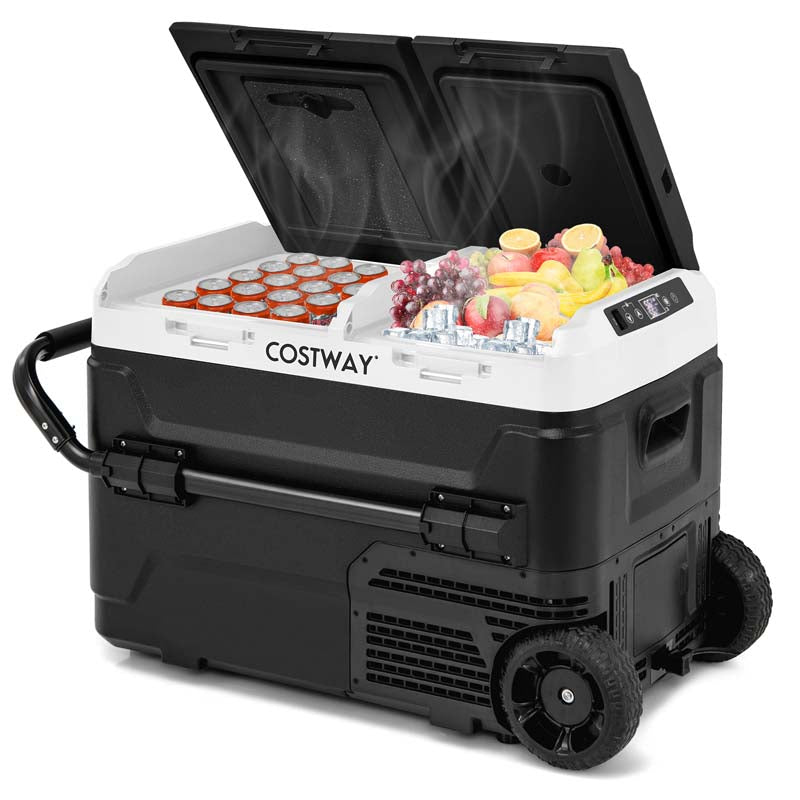 42QT Dual-Zone Car Refrigerator with Wheels, Portable Car Fridge Freezer (-4°F~68°F) for RV Camping, 12V/24V DC, 100-240V AC