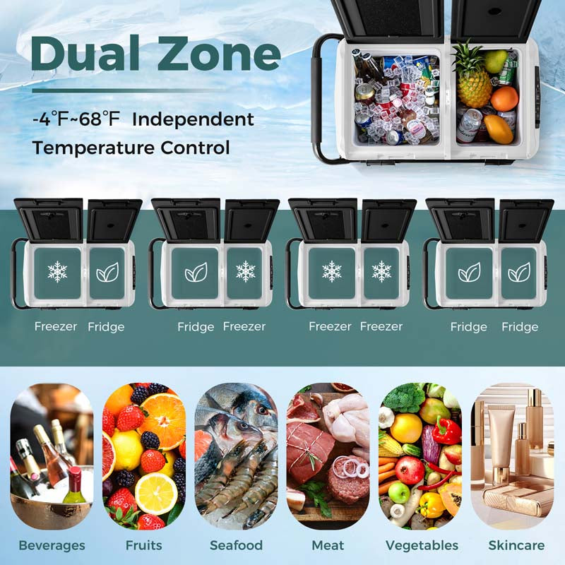42QT Dual-Zone Car Refrigerator with Wheels, Portable Car Fridge Freezer (-4°F~68°F) for RV Camping, 12V/24V DC, 100-240V AC