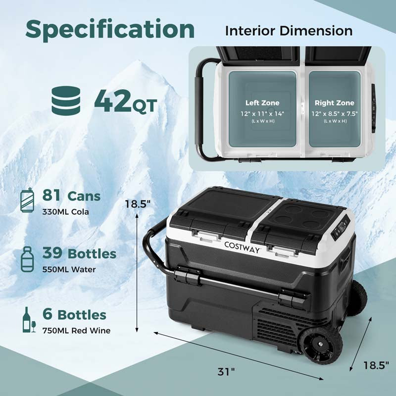 42QT Dual-Zone Car Refrigerator with Wheels, Portable Car Fridge Freezer (-4°F~68°F) for RV Camping, 12V/24V DC, 100-240V AC