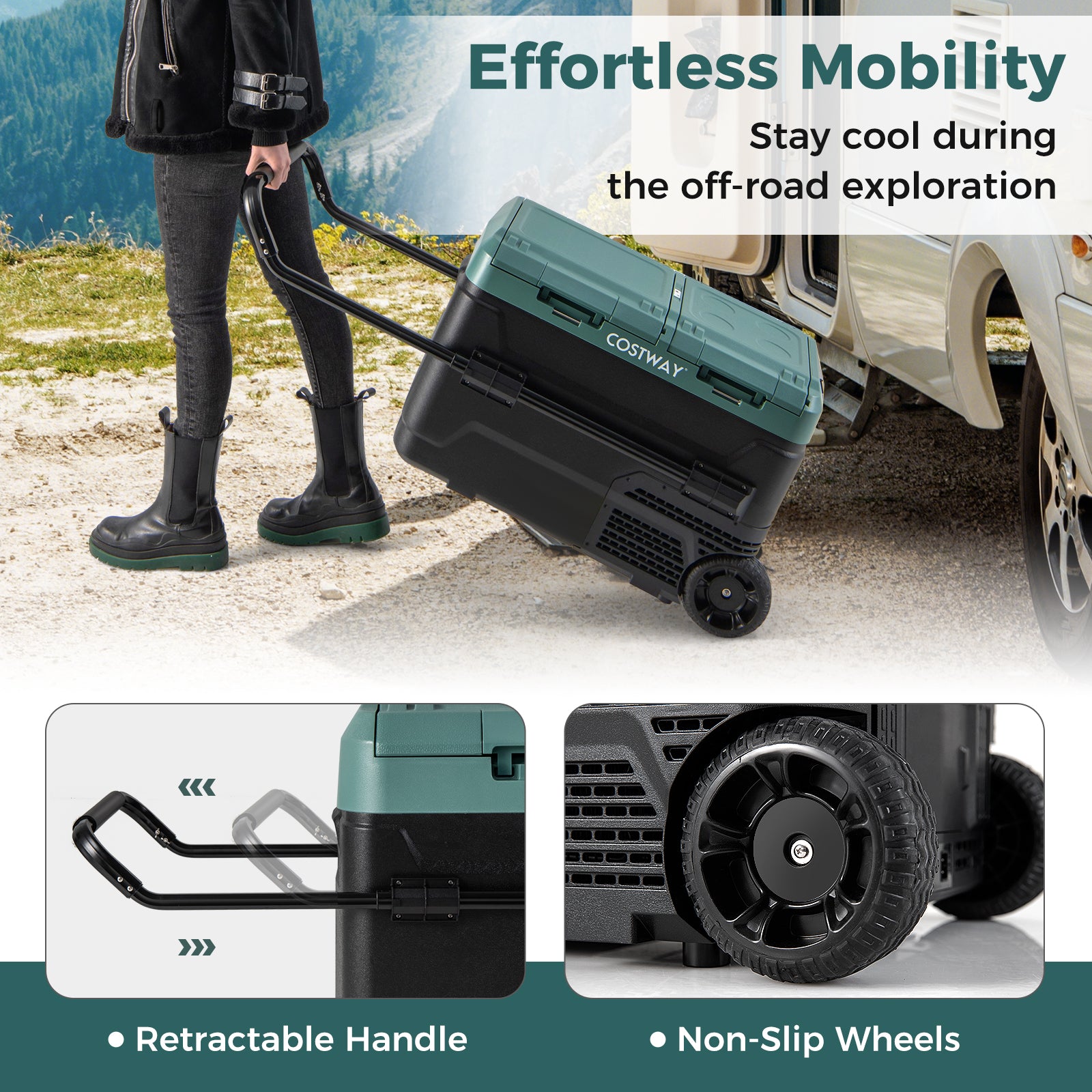 42QT Dual-Zone Car Refrigerator with Wheels, Portable Car Fridge Freezer (-4°F~68°F) for RV Camping, 12V/24V DC, 100-240V AC