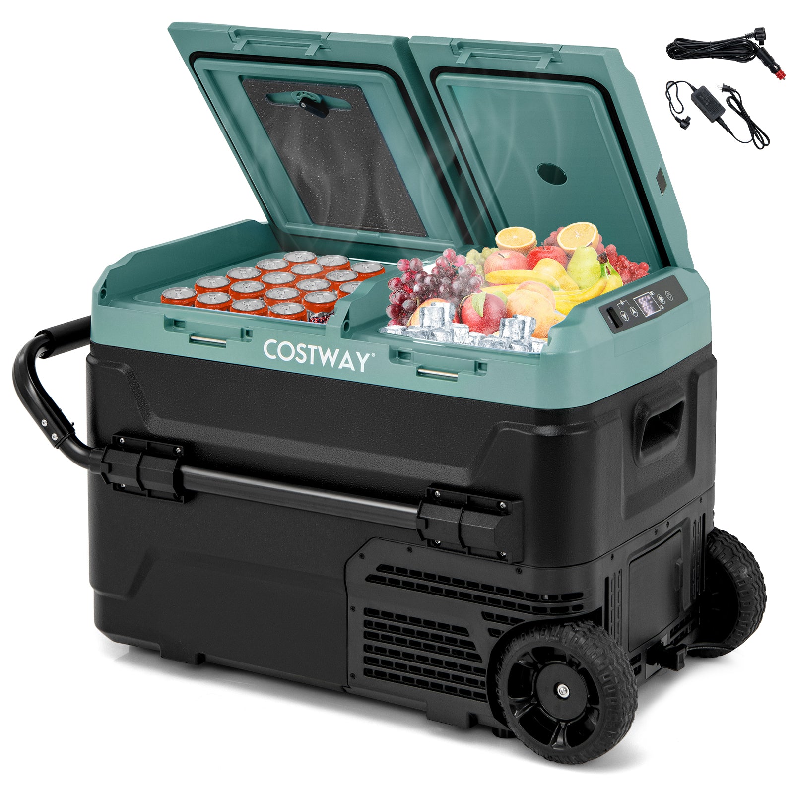 42QT Dual-Zone Car Refrigerator with Wheels, Portable Car Fridge Freezer (-4°F~68°F) for RV Camping, 12V/24V DC, 100-240V AC