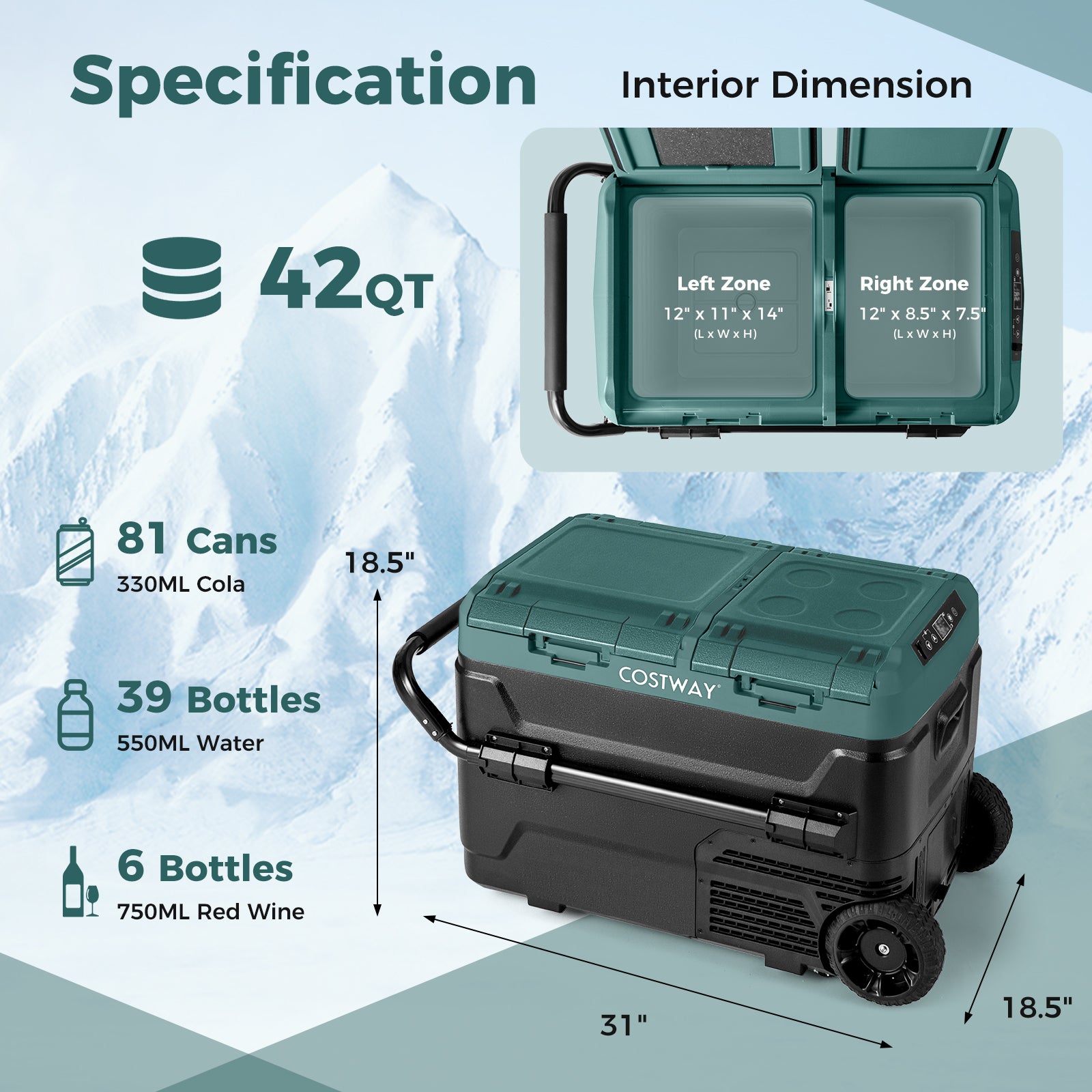 42QT Dual-Zone Car Refrigerator with Wheels, Portable Car Fridge Freezer (-4°F~68°F) for RV Camping, 12V/24V DC, 100-240V AC