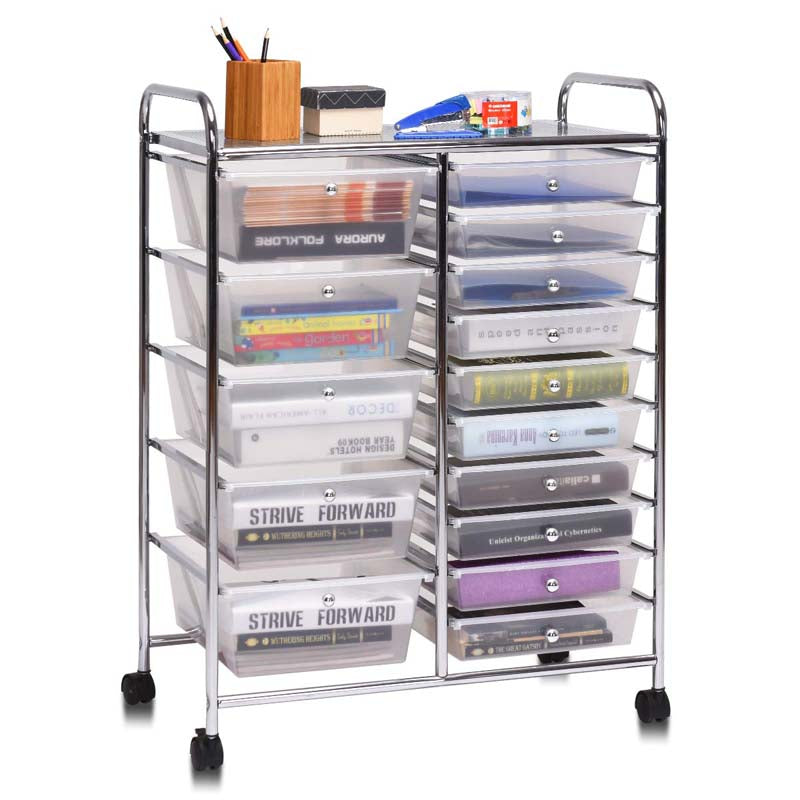 15-Drawer Storage Drawer Cart Tools Scrapbook Paper Organizer Cart Office School Utility Cart Rolling Storage Cart with Wheels