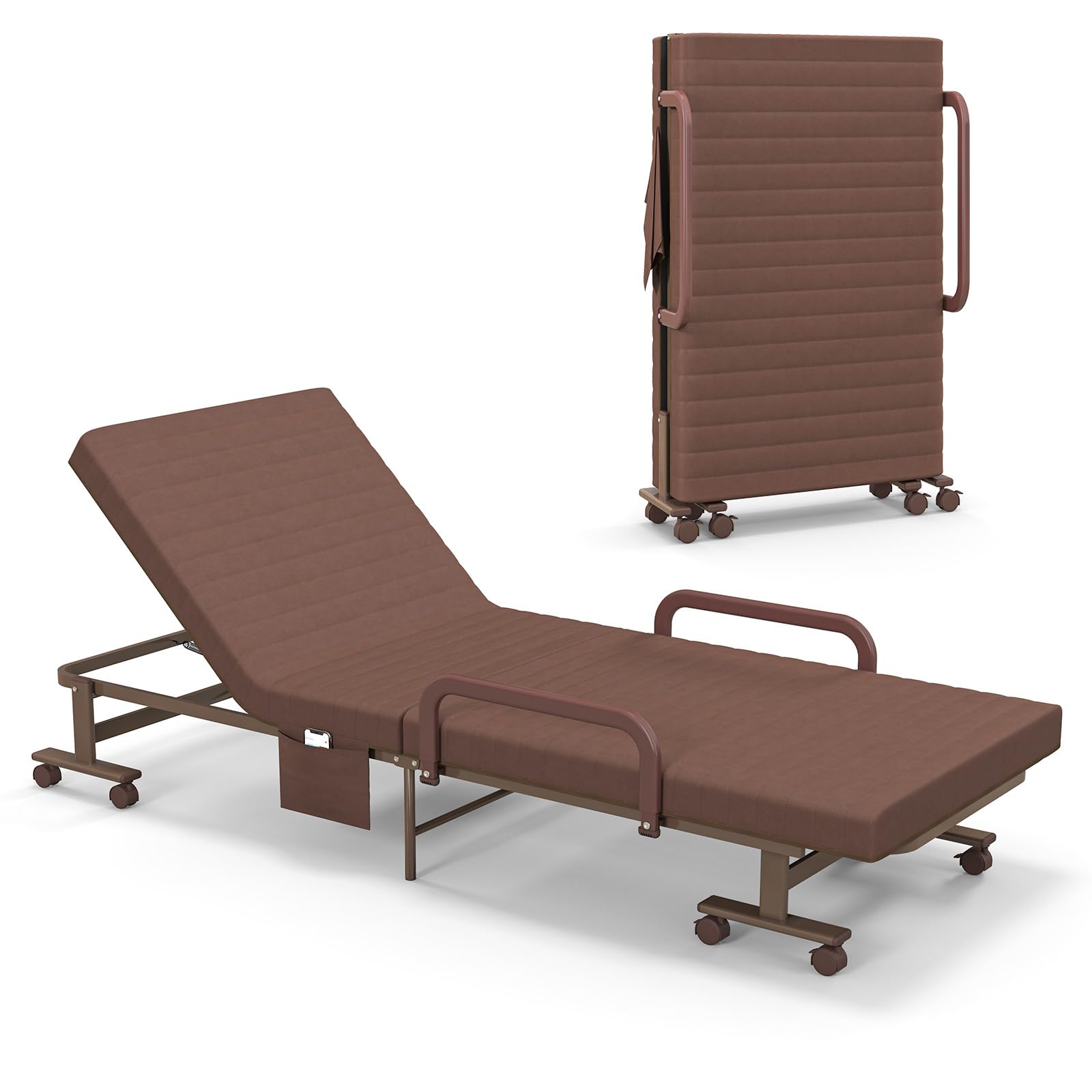 Folding Rollaway Bed with Mattress & Wheels for Adults, Portable Foldable Guest Bed with Adjustable 6 Position & Side Storage Pocket