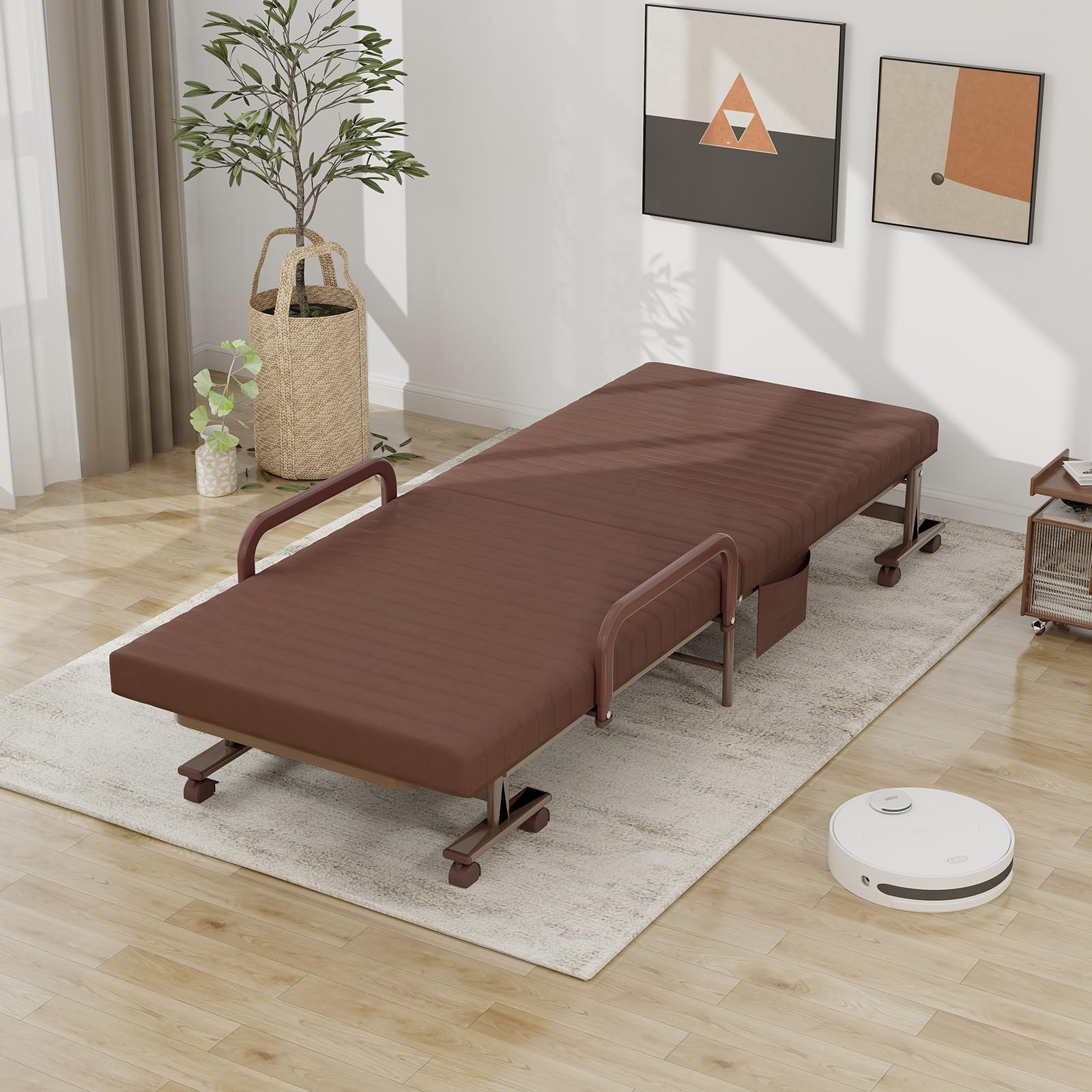 Folding Rollaway Bed with Mattress & Wheels for Adults, Portable Foldable Guest Bed with Adjustable 6 Position & Side Storage Pocket