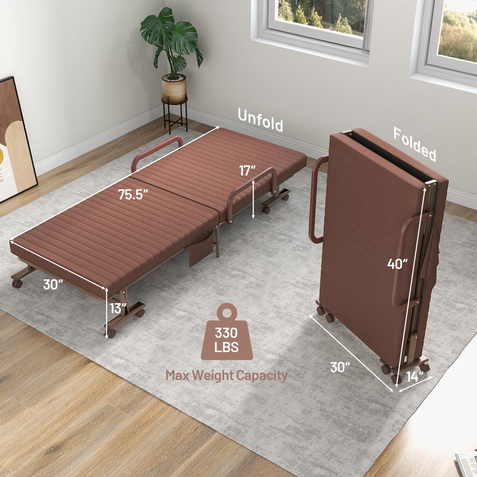 Folding Rollaway Bed with Mattress & Wheels for Adults, Portable Foldable Guest Bed with Adjustable 6 Position & Side Storage Pocket