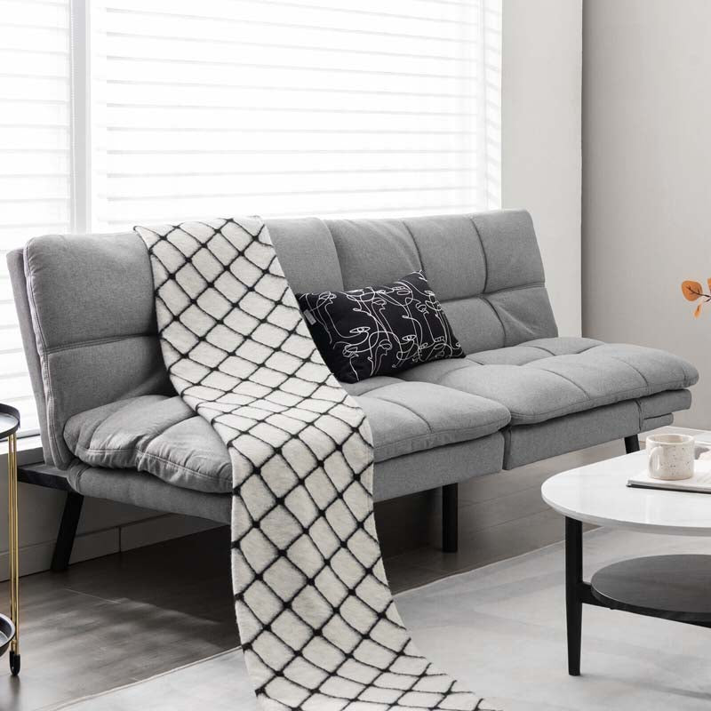 Modern Futon Sofa Bed, Linen Fabric Memory Foam Convertible Futon Couch with Adjustable Backrest & Armrests, Metal Legs